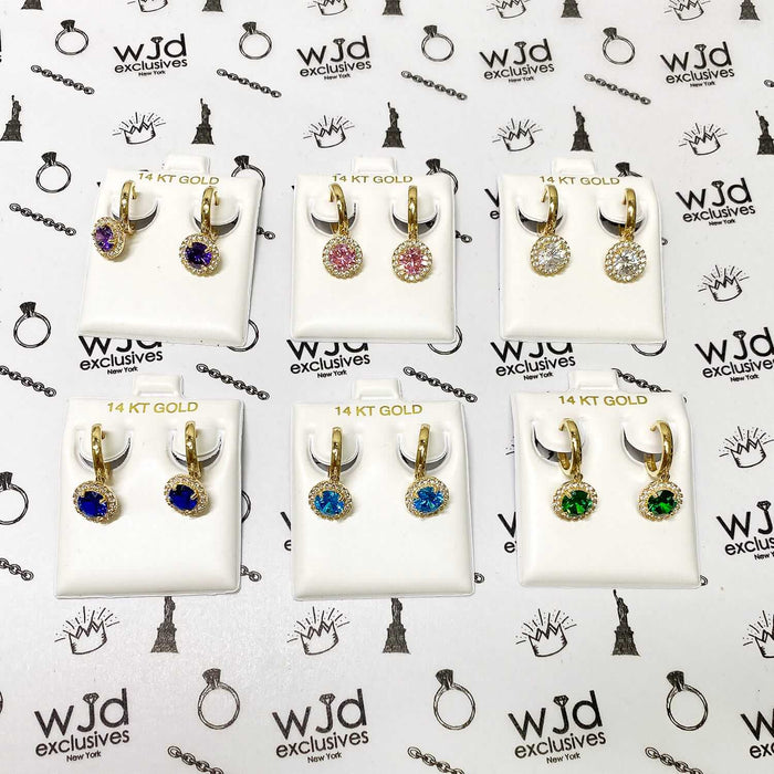 14K Yellow Gold Halo Dangling CZ Gemstone Huggie Hoop Earrings