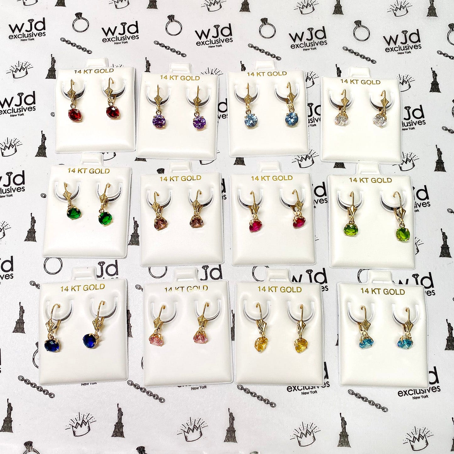 14K Gold Round Solitaire Gem Simulated Birthstone Leverback  Earrings