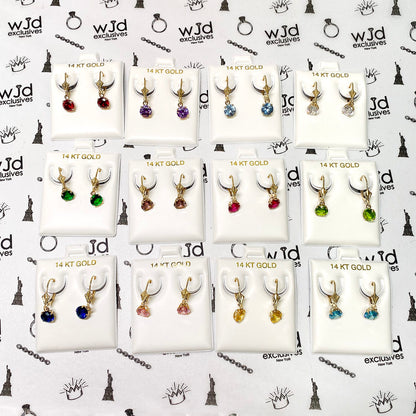 14K Gold Round Solitaire Gem Simulated Birthstone Leverback  Earrings