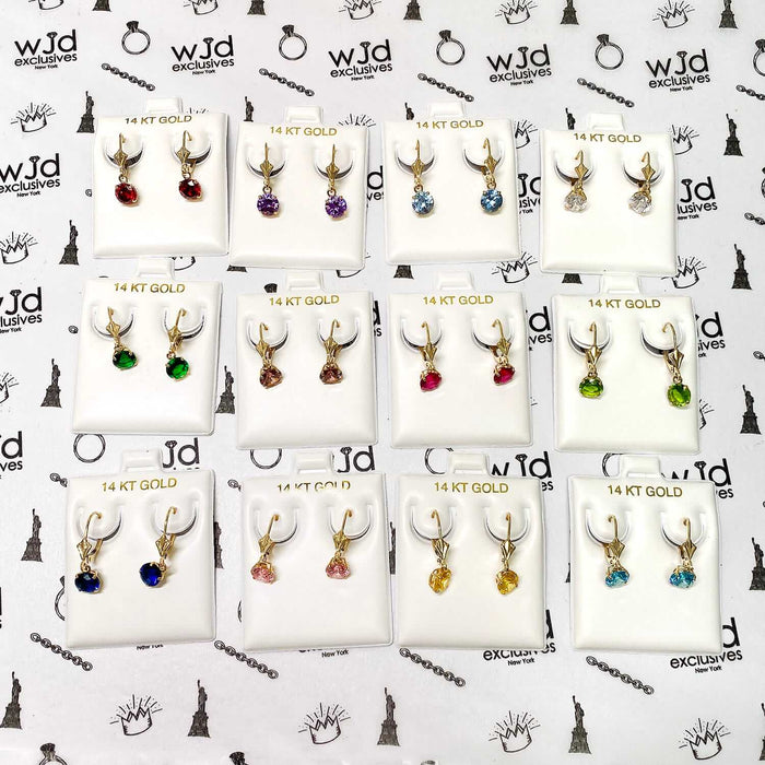 14K Gold Round Solitaire Gem Birthstone Leverback Earrings