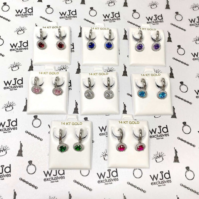 14K White Gold Halo Dangling CZ Gemstone Huggie Hoop Earrings