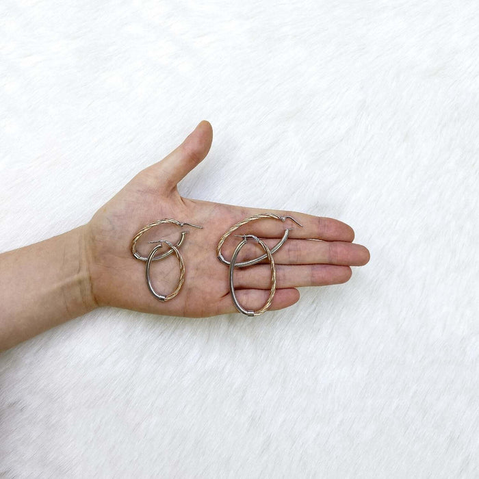 White Rose Gold Tone Over 925 Silver Half Shiny Half Twisted Oval Hoop Earrings