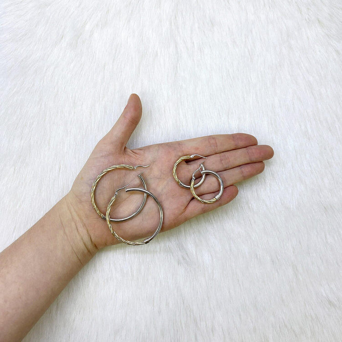 Yellow White Gold Over 925 Silver 3mm Half Shiny Half Twisted Hoop Earrings