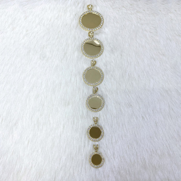 14K Yellow Gold CZ Picture Memory Frame Medallion Pendant 24-50mm