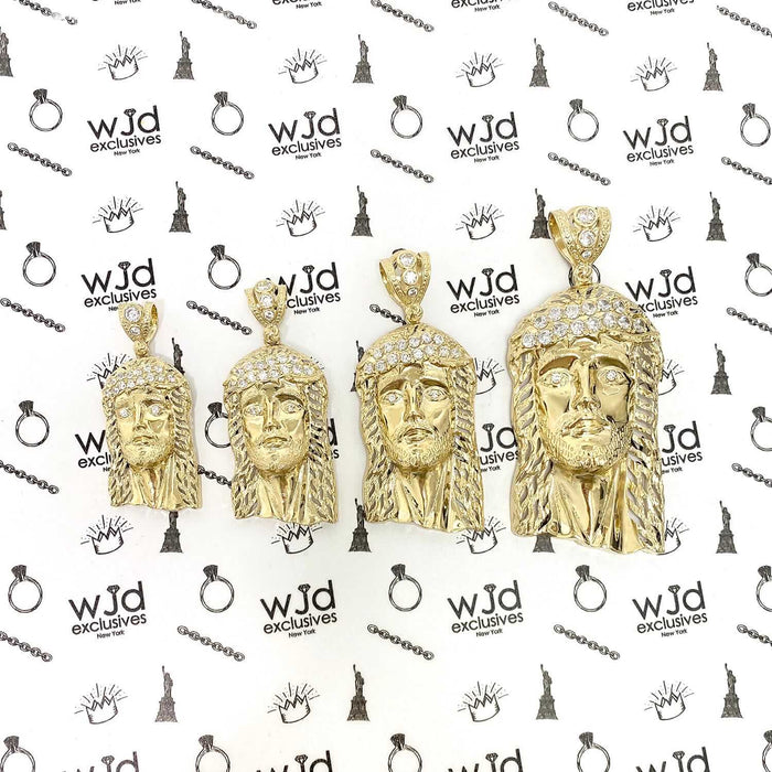 14K Yellow Gold CZ Jesus Head Pendant 1.6"-3.5"