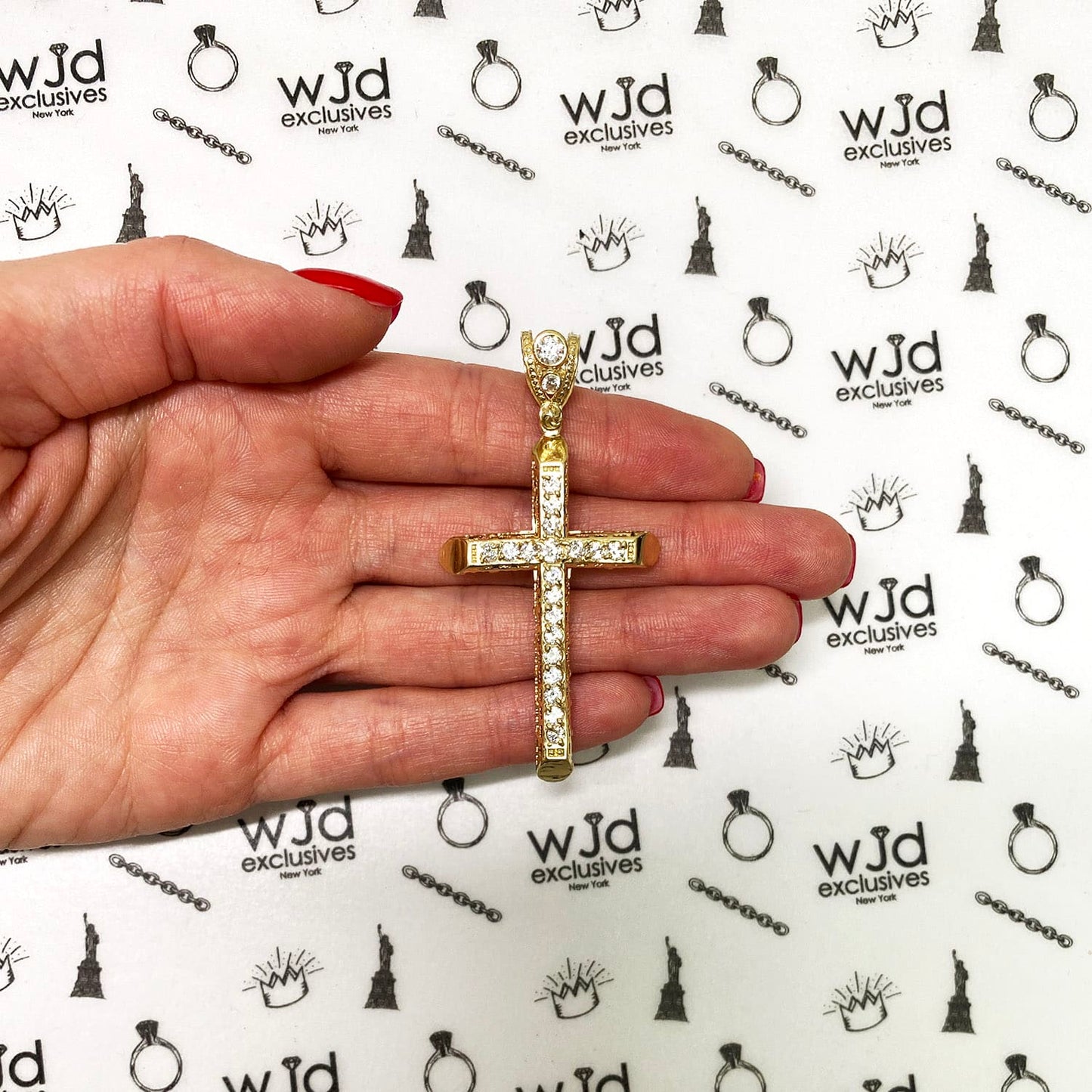 14K Yellow Gold CZ 2.5" Religious Cross Pendant