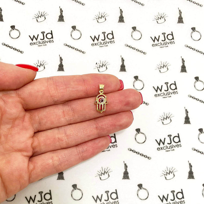 14K Gold Blue Red Evil Eye Small Hamsa Small Pendant 0.7"