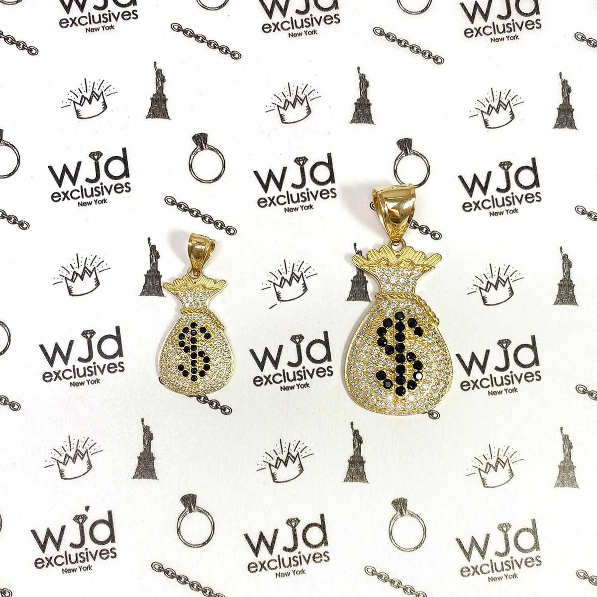 14K Yellow Gold CZ And Onyx Dollar $ Sign Money Bag Pendant
