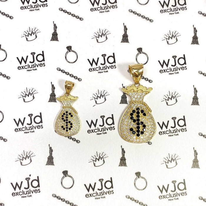 14K Yellow Gold CZ And Onyx Dollar $ Sign Money Bag Pendant