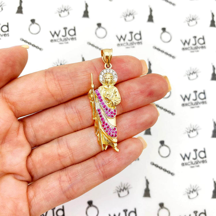 1.25CTW Ruby Emerald 14K Yellow Gold Religious St. Jude Pendant 1.8"