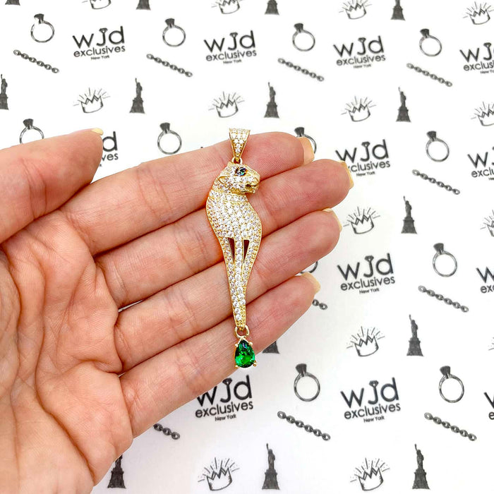 14K Yellow Gold CZ Pave Panther Pendant With Dangle Pear Emerald
