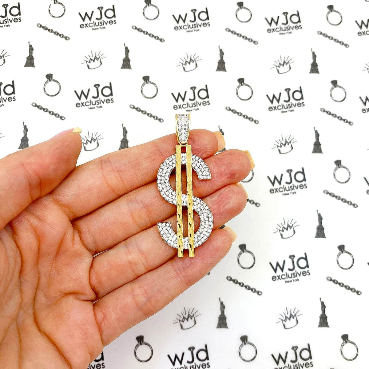 10K Yellow Gold CZ Dollar Sign Diamond-Cut Pendant 1.97"