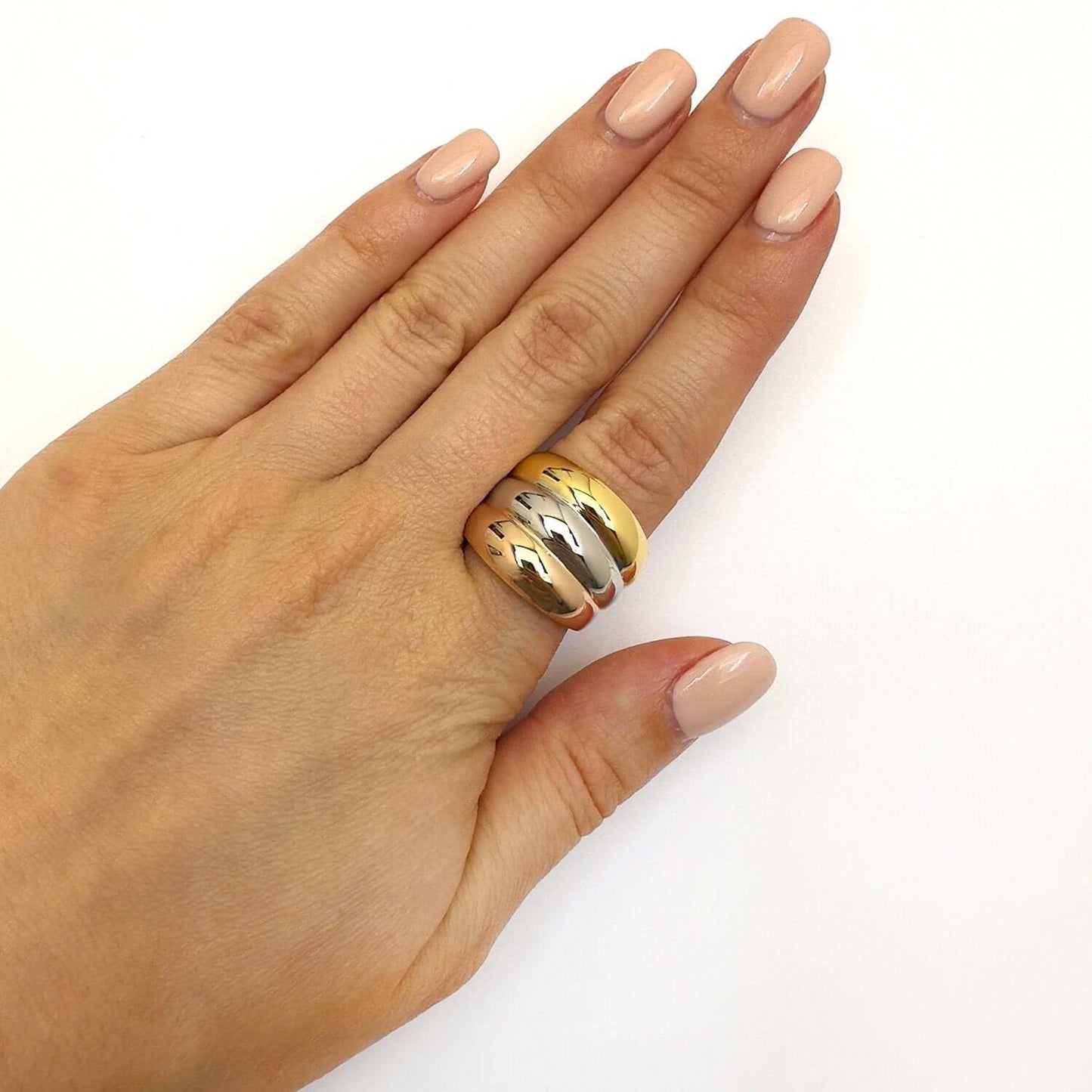 14K Gold Tri-Color Yellow White Rose Trinity Bold Ring Band Size 7