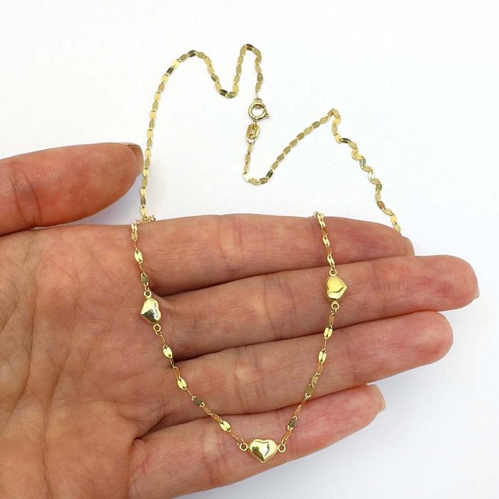14K Yellow Gold 2mm Mirror - Link Heart Charms Chain (Solid Links) 18" - WJD Exclusives