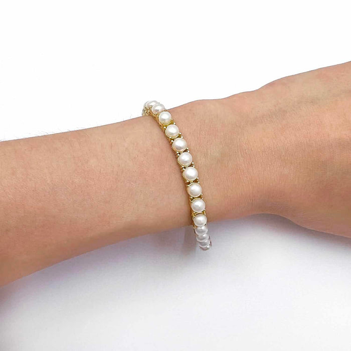 18K Gold Over Silver 5mm Cultured Pearl Tennis Bracelet 7" - WJD Exclusives