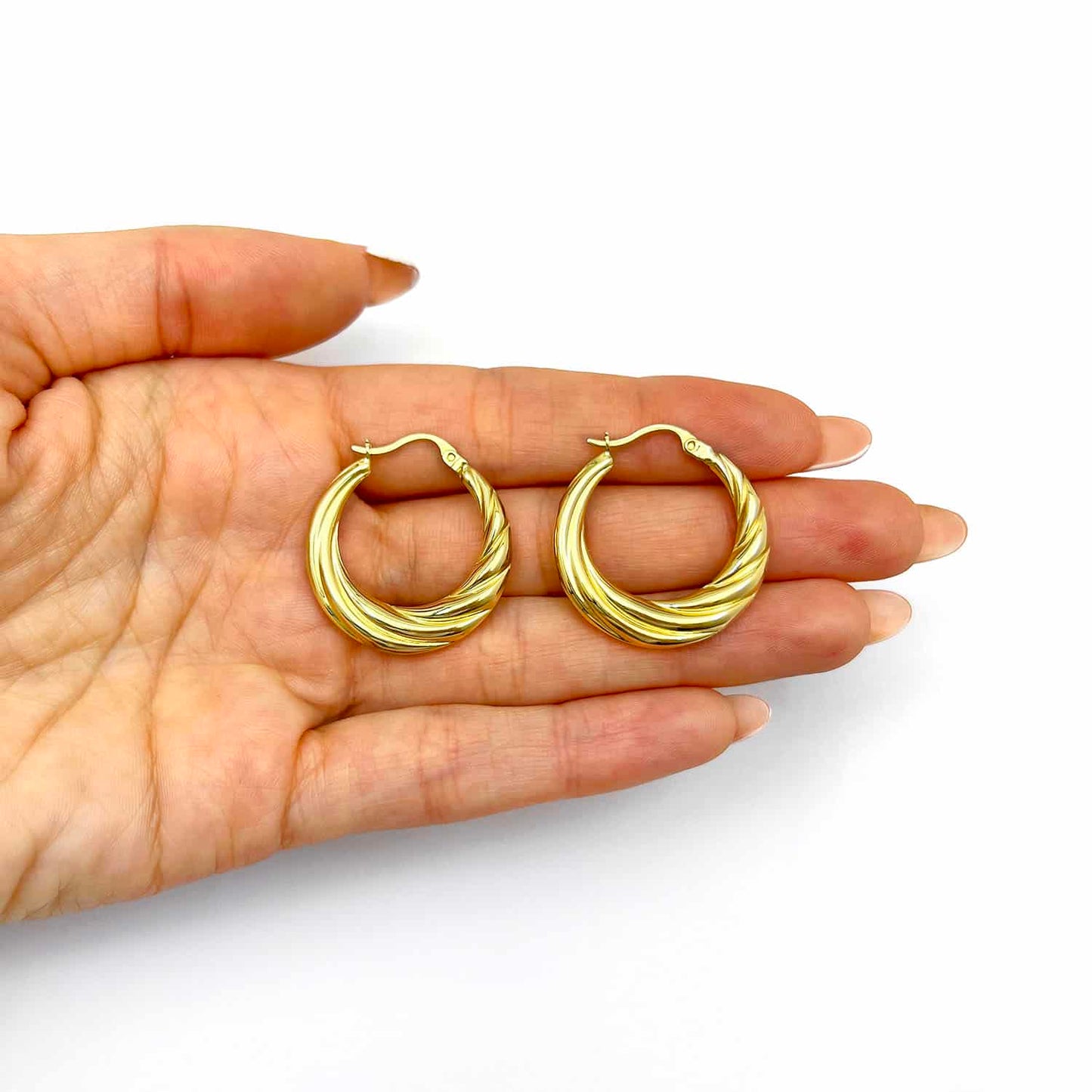 14K Real Gold Graduated Twisted Hoop Earrings 27mm