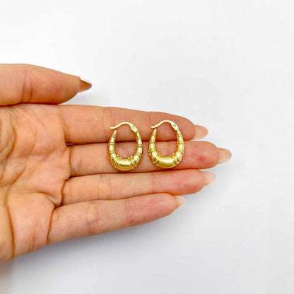 14K Real Gold Graduated Oval Bamboo Hoop Earrings 22mm