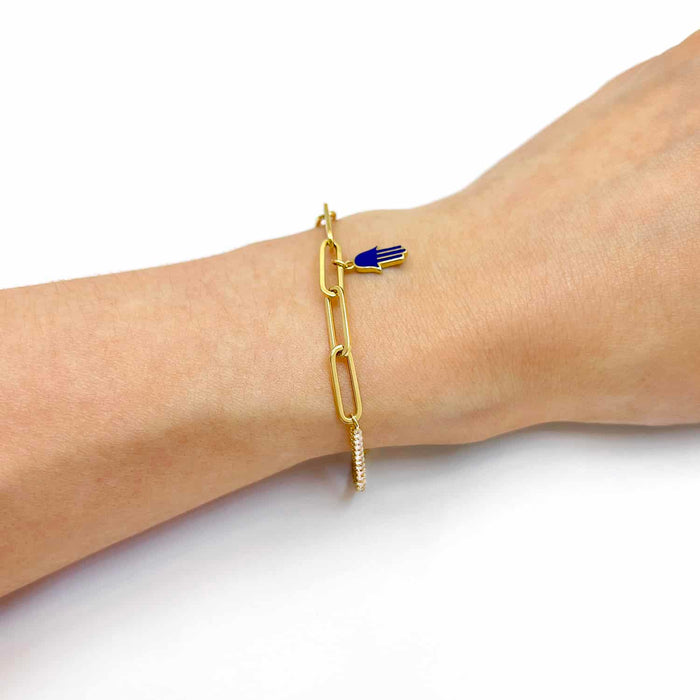 14K Yellow Gold CZ Paperclip Hamsa Charm Tennis Bracelet 7" - 7.5" - WJD Exclusives