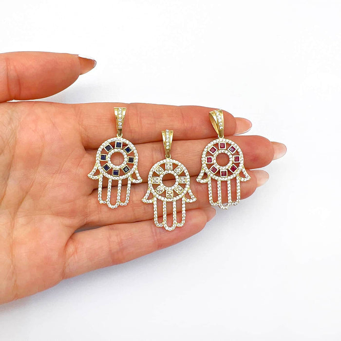 14K Yellow Gold Ruby Sapphire Zirconia Hamsa Pendant 1.5" - WJD Exclusives