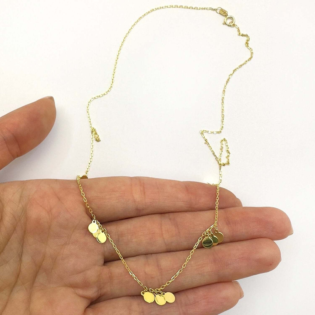 14K Yellow Gold Stationed Dangling Discs Cable Necklace (Hollow) 18" - WJD Exclusives