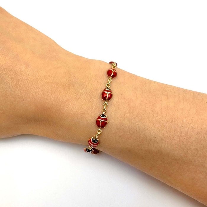 14K Yellow Gold Enamel Ladybug Bracelet (Solid Links) 7" - WJD Exclusives