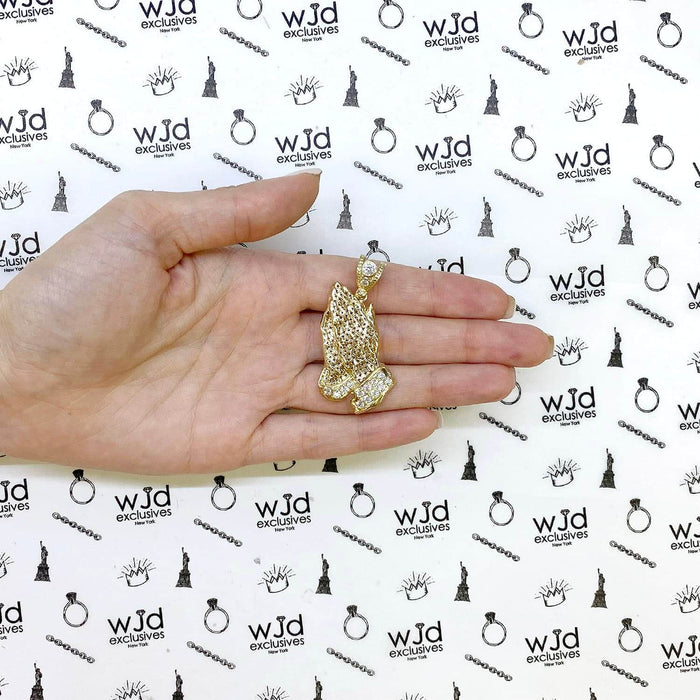 14K Yellow Gold 0.6CTW CZ Crosses Praying Hands Pendant