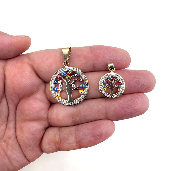 14K Gold CZ Colorful Evil Eye Tree of Life Pendant - WJD Exclusives
