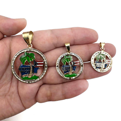 14K Real Gold Puerto Rico Flag Palm Tree Pendant 0.9"-1.9"