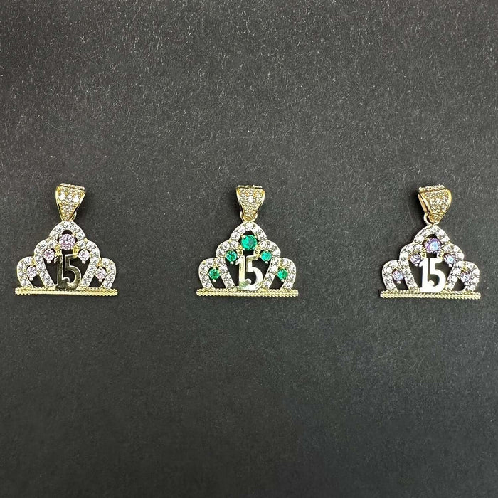 14K Gold CZ Crown Girl's 15th Birthday Quinceañera Pendant - WJD Exclusives