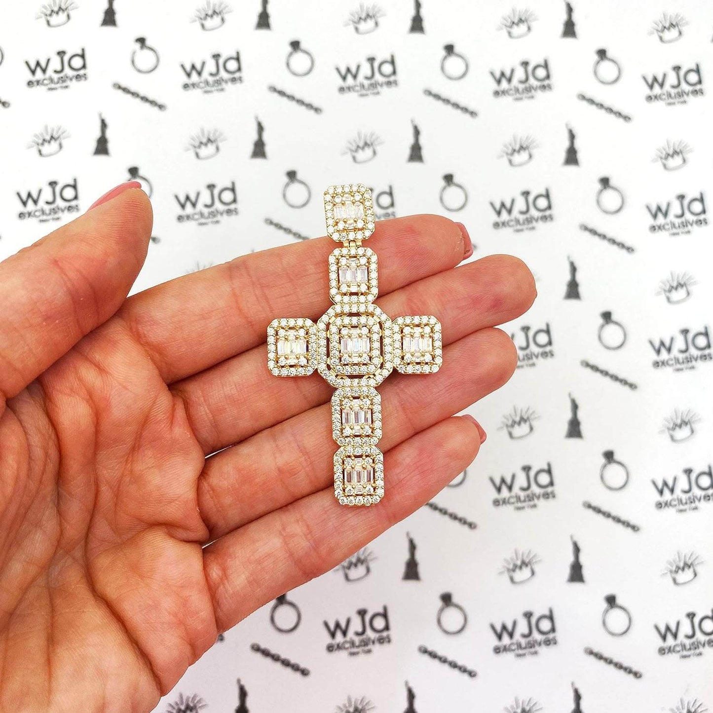 6.5CTW Baguette Round CZ Cluster 14K Gold Cross Pendant 2.4"