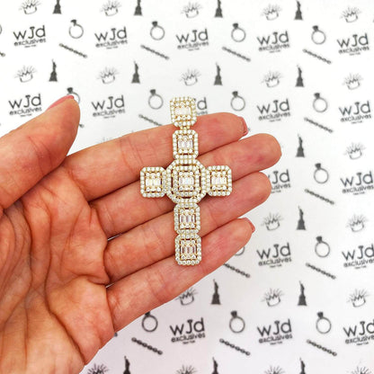 6.5CTW Baguette Round CZ Cluster 14K Gold Cross Pendant 2.4"
