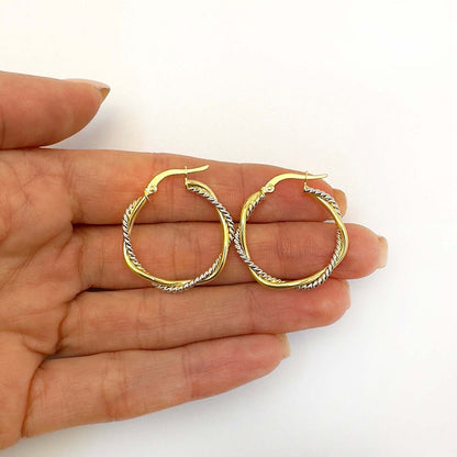 14K Gold Yellow Two-Tone White 3mm Twisted Round Hoop Earrings 25mm