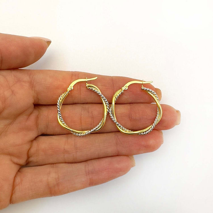 14K Yellow Gold Two - Tone White 3mm Twisted Round Hoop Earrings 25mm - WJD Exclusives