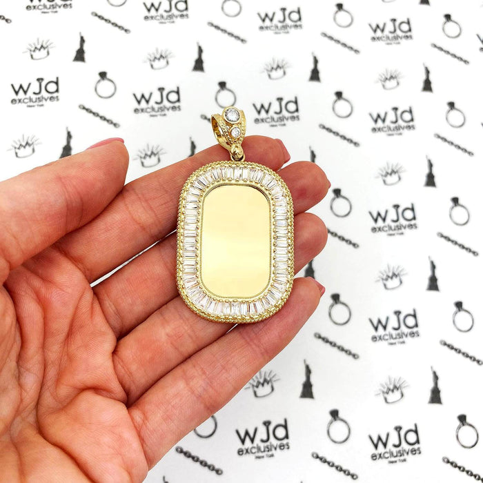 14K Gold CZ Rounded Rectangular Picture Memory Pendant 2.17"