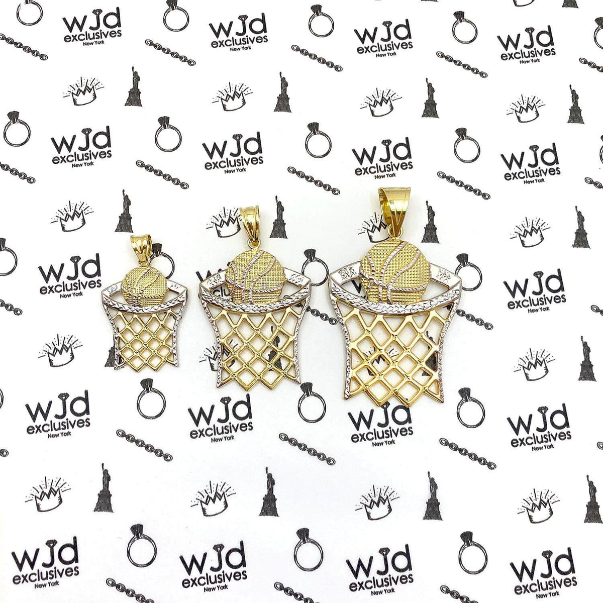 10K Yellow Gold Two-Tone Diamond-Cut Basketball Hoop Sport Pendant 1.57"-2.76"