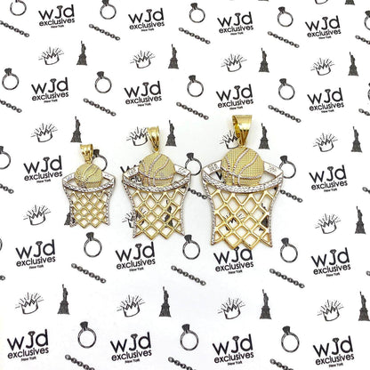 10K Yellow Gold Two-Tone Diamond Cut Basketball Hoop Sport Pendant 1.57"-2.76"