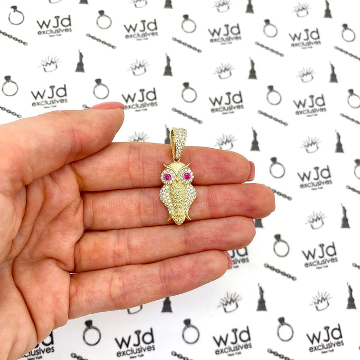 14K Yellow Gold CZ Ruby Eyes Owl Pendant 1.4"