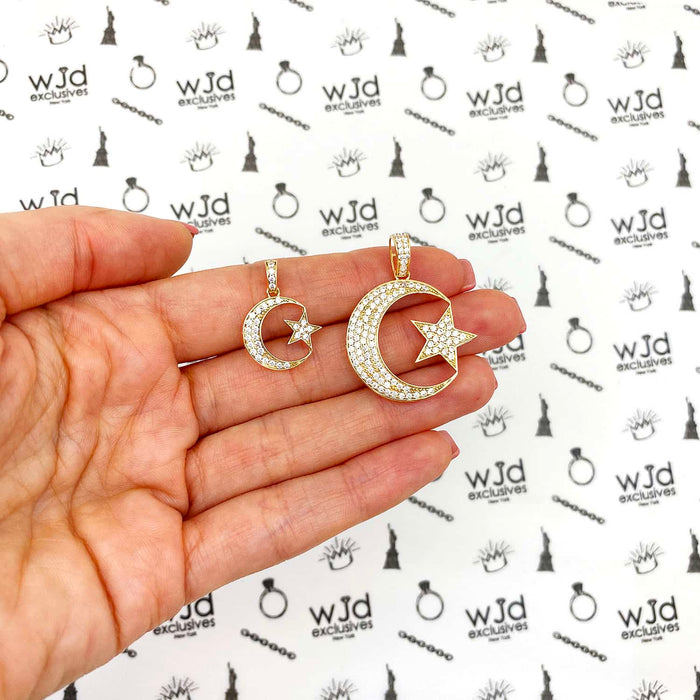 14K Gold CZ Pave Crescent Moon Star Pendant 1"-1.4"