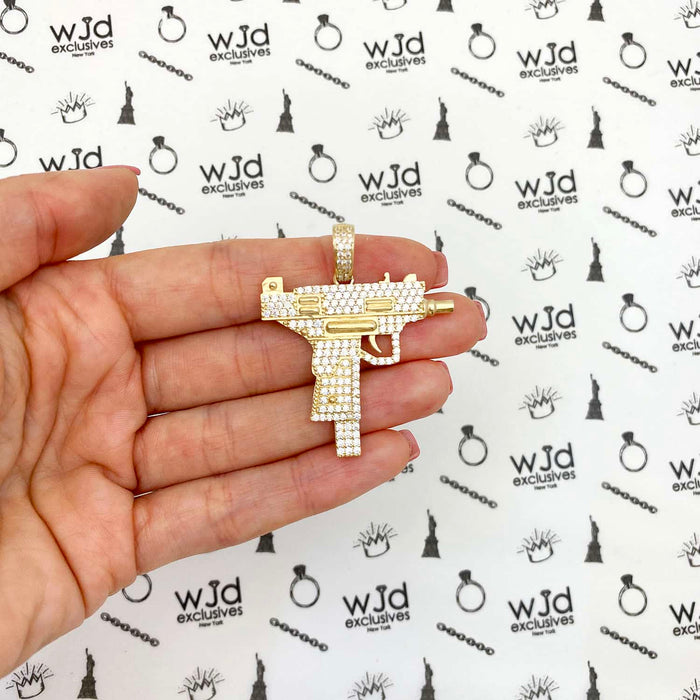 14K Yellow Gold CZ Pave Uzi Machine Gun Pistol Pendant 1.8"