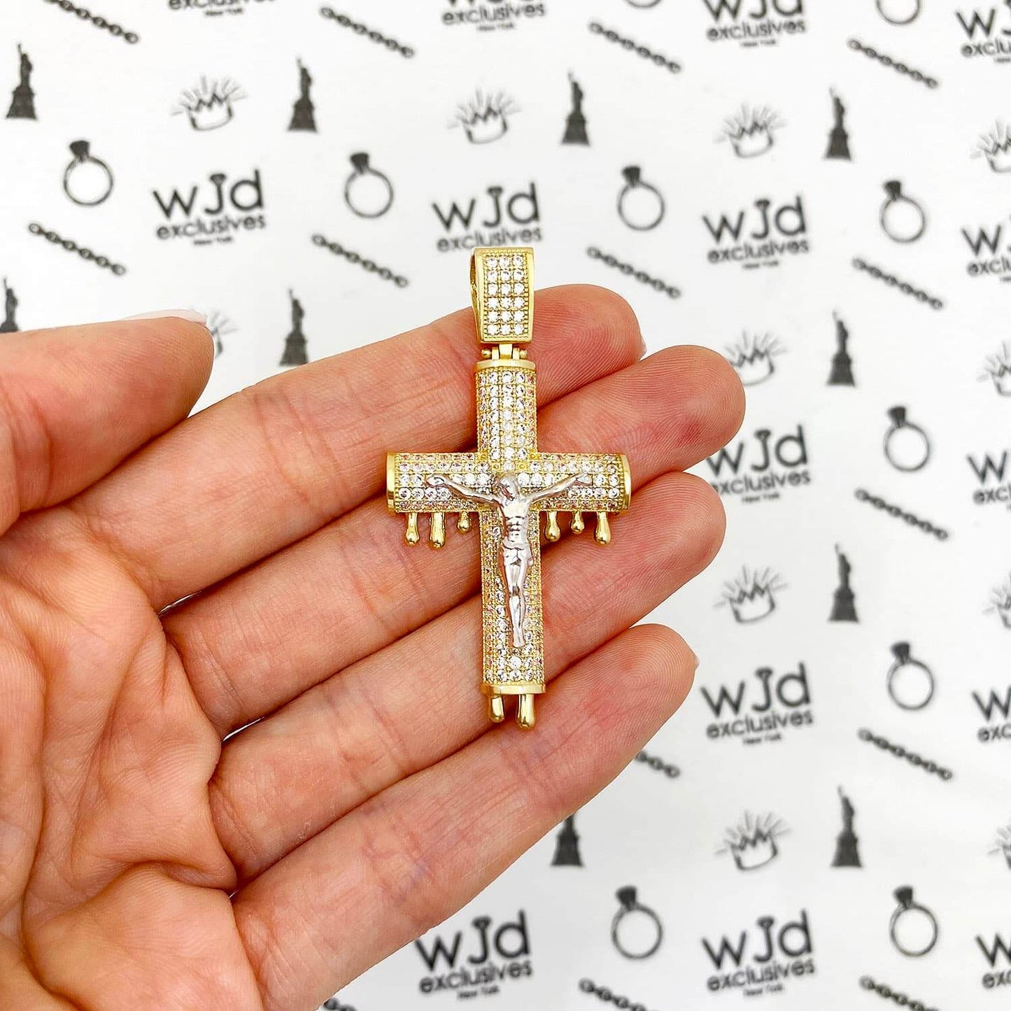 14K Yellow Gold CZ Pave Dripping Crucifix Cross Pendant 2"