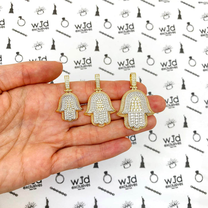 14K Yellow Gold CZ Pave 3D Layered Hamsa Hand Pendant 1.2"-1.6"
