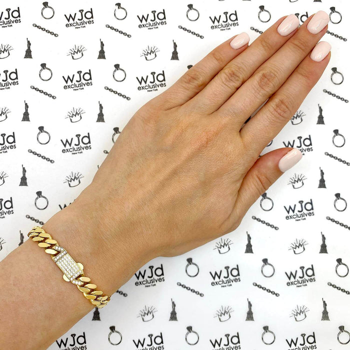 14K Gold 7mm Miami CZ Pave Box Clasp Bracelet (Hollow) 7.25"-10"