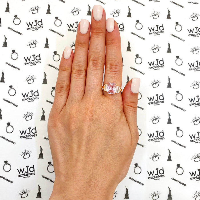 4CTW CZ Pink Tourmaline Radiant 3-Stone 14K Yellow Gold Engagement Ring