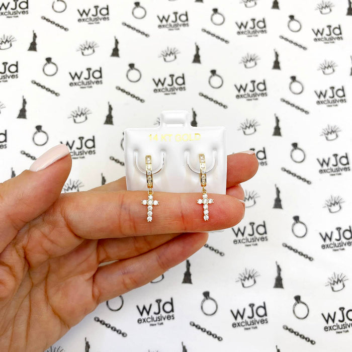 14K Yellow White Gold CZ Cross Huggie Hoop Earrings 0.94"