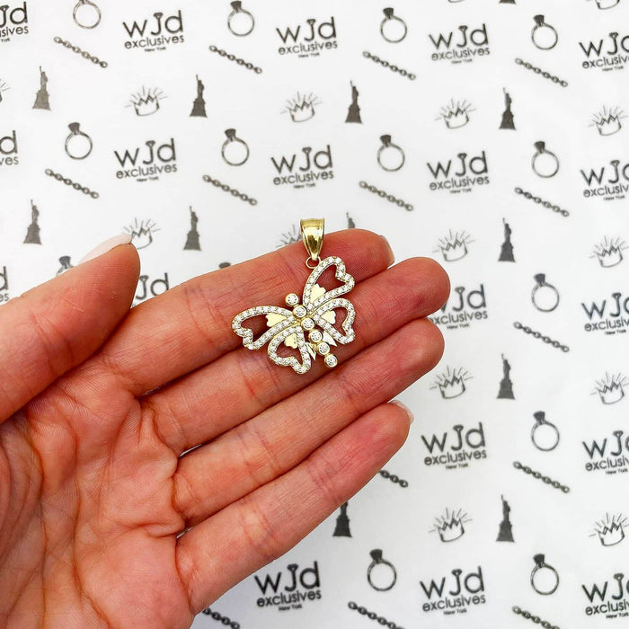 14K Yellow Gold CZ Butterfly and Hearts Pendant 1.2"