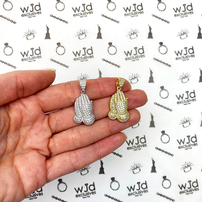 14K Yellow White Gold Over Silver CZ Pave Religious Praying Hands Pendant 1.18"