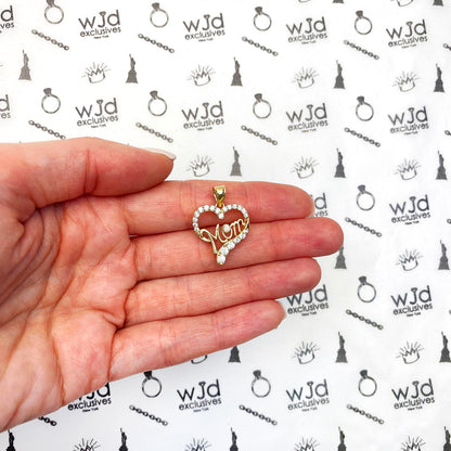 14K Yellow Gold CZ Open Heart "Mom" Pendant 0.98"
