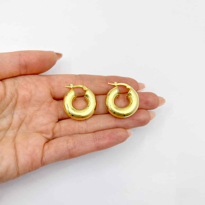 18K Yellow Gold Over Silver Puffed Hoop Earrings 25mm - WJD Exclusives
