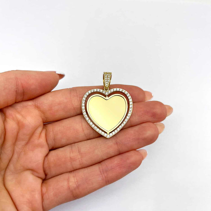 14K Yellow Gold CZ Frame Two - Sided Rotating Heart Picture Pendant - WJD Exclusives
