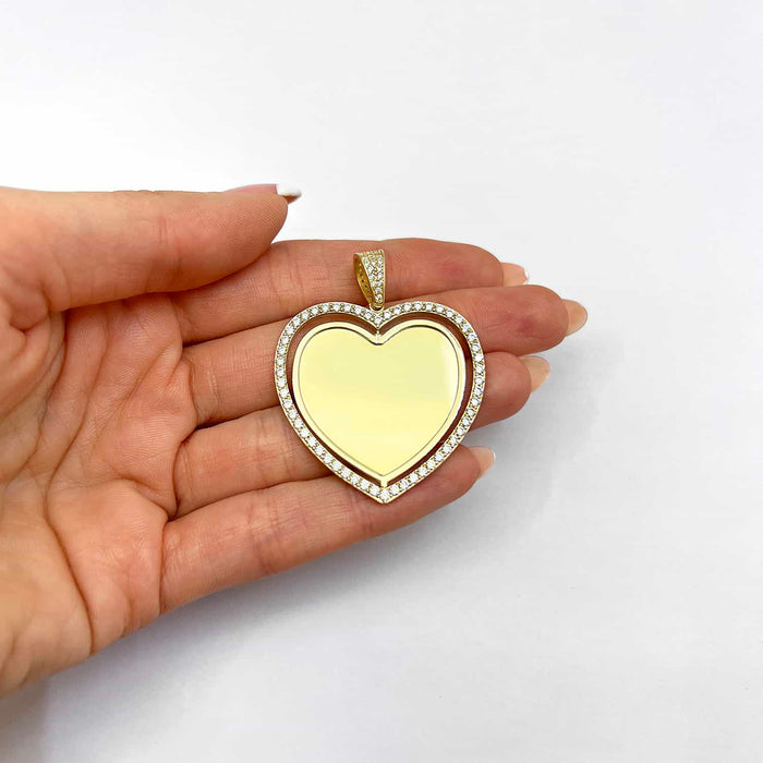 14K Yellow Gold CZ Frame Two - Sided Rotating Heart Picture Pendant - WJD Exclusives